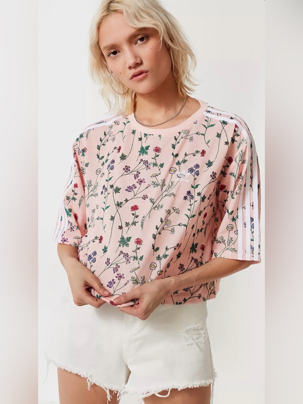 adidas Pink Floral Short-Sleeve Crew Sweatshirt